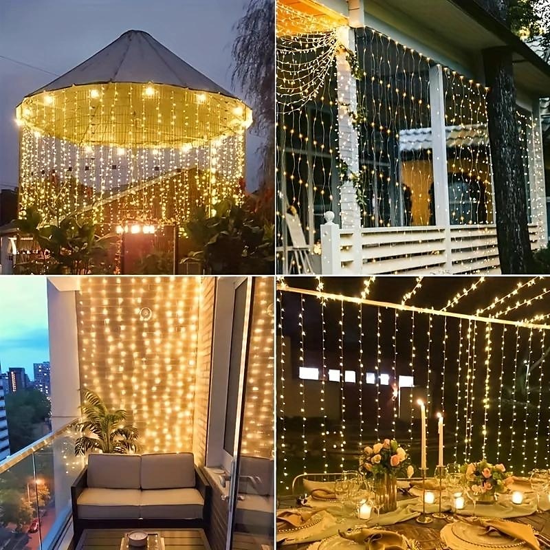 Guirlande lumineuse de rideau solaire extérieur, 3 * 3 m-300 LED/3 * 2 m-200 LED/3 * 1 m-100 LED, 8 modes d'éclairage, étanche IP65, convient pour le jardin, le porche, les fêtes de mariage dans le jardin, Noël de Thanksgiving. de 2025 ? $11.49 –P1