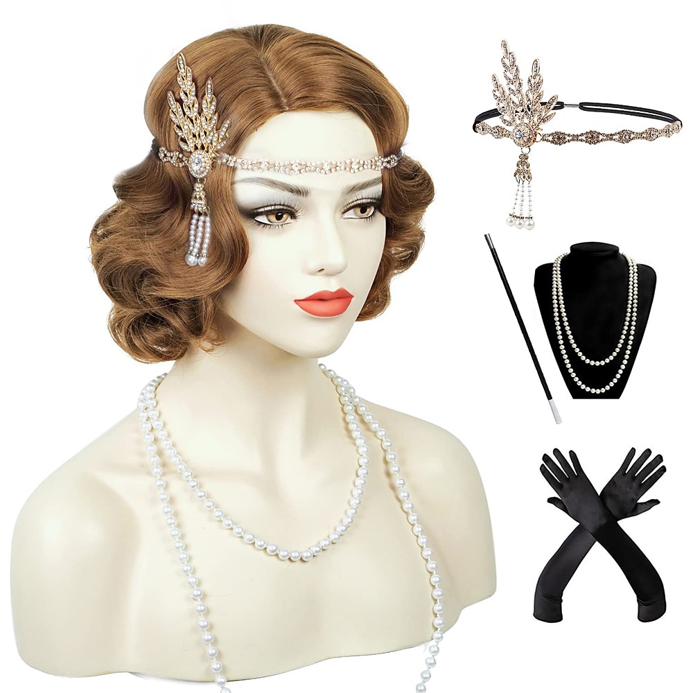 szett midi flapper ruha ujj hullám paróka fejpánt hosszú opera kesztyű nyaklánc cigarettatartó női ordító 20-as évek 1920-as évek flapper lány koktél maszk ruhák a nagyszerű gatsby jelmez 2025 - $63.99 –P2
