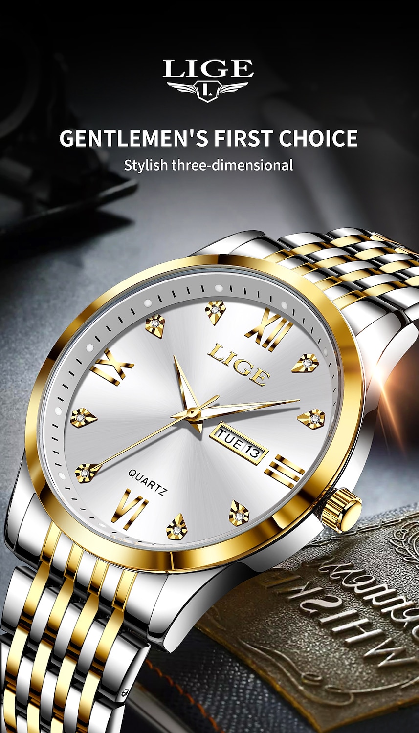 LIGE Men Quartz Analog Wrist Watch Simple Casual Strainless Steel