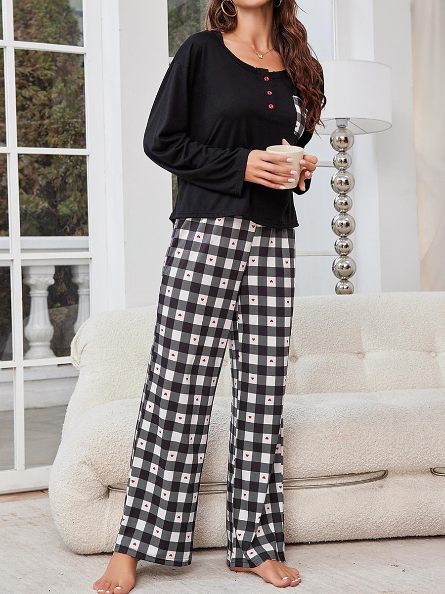 pyjamassett for kvinner rutenett / rutete tilfeldig komfort hjemmeseng pustende rundhals langermet t-skjorte t-skjorte bukseknapplomme høst vinter hjemmeantrekk 2025 - $25.99 –P2