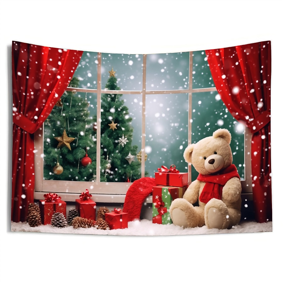 juldekorationer julgran hängande gobeläng väggkonst xmas stor gobeläng väggmålning dekor fotografi bakgrund filt gardin hem sovrum vardagsrum björn fönster vy 2025 - $17.49 –P9