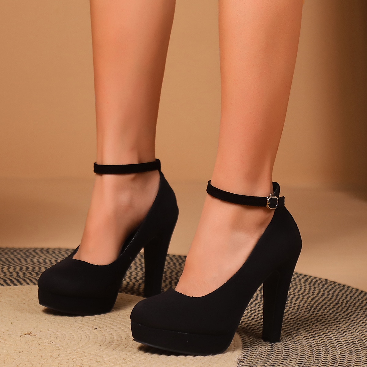 Zapatos de tacón alto con plataforma negra para mujer con correa en el tobillo: diseño elegante para fiestas, bodas y eventos formales 2026 - $42.99 –P1