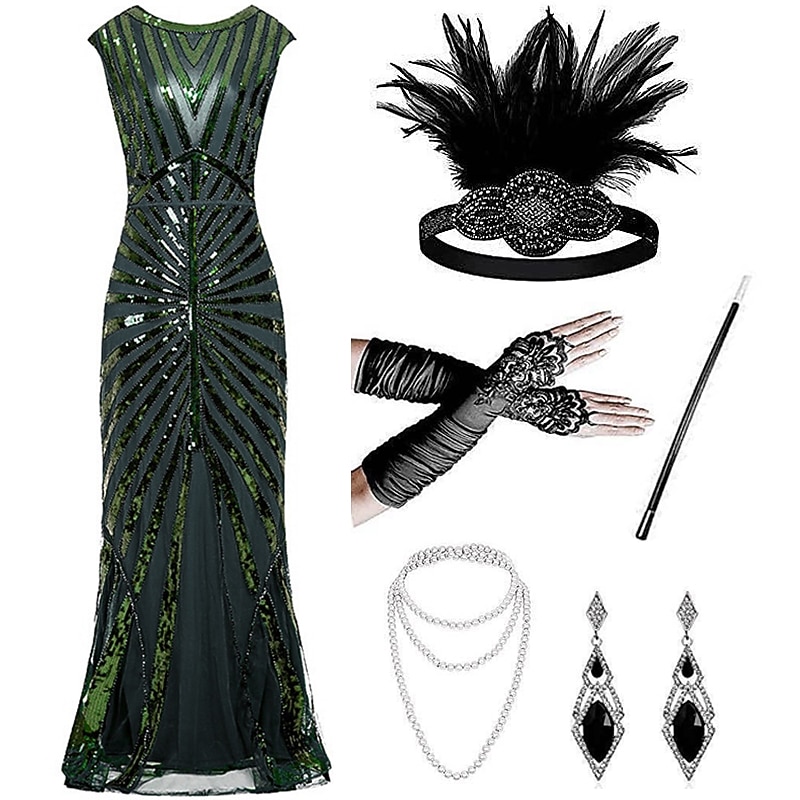 Roaring 20s 1920s Ankle Length Dress Evening Dress Outfits Cap Sleeves The  Great Gatsby Wedding Guest