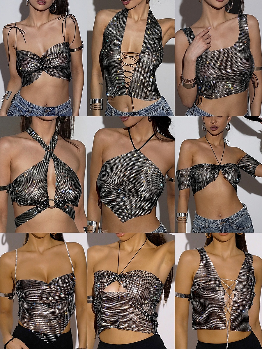 Metallic Sparkle Sexy Crop Tank Top Sheer Mesh Rhinestone Cover Up Disco Solid Color Deep V Women's Carnival Party Club Adults' Tank Top 2025 - $23.99 –P1