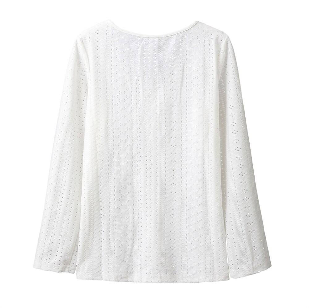 Top in pizzo bianco elegante da donna con ricami blusa elegante top alla moda con bottoni di base a maniche lunghe top regolari colletto a V casual top romantici petite per le vacanze abbigliamento del 2025 a $16.99 –P2