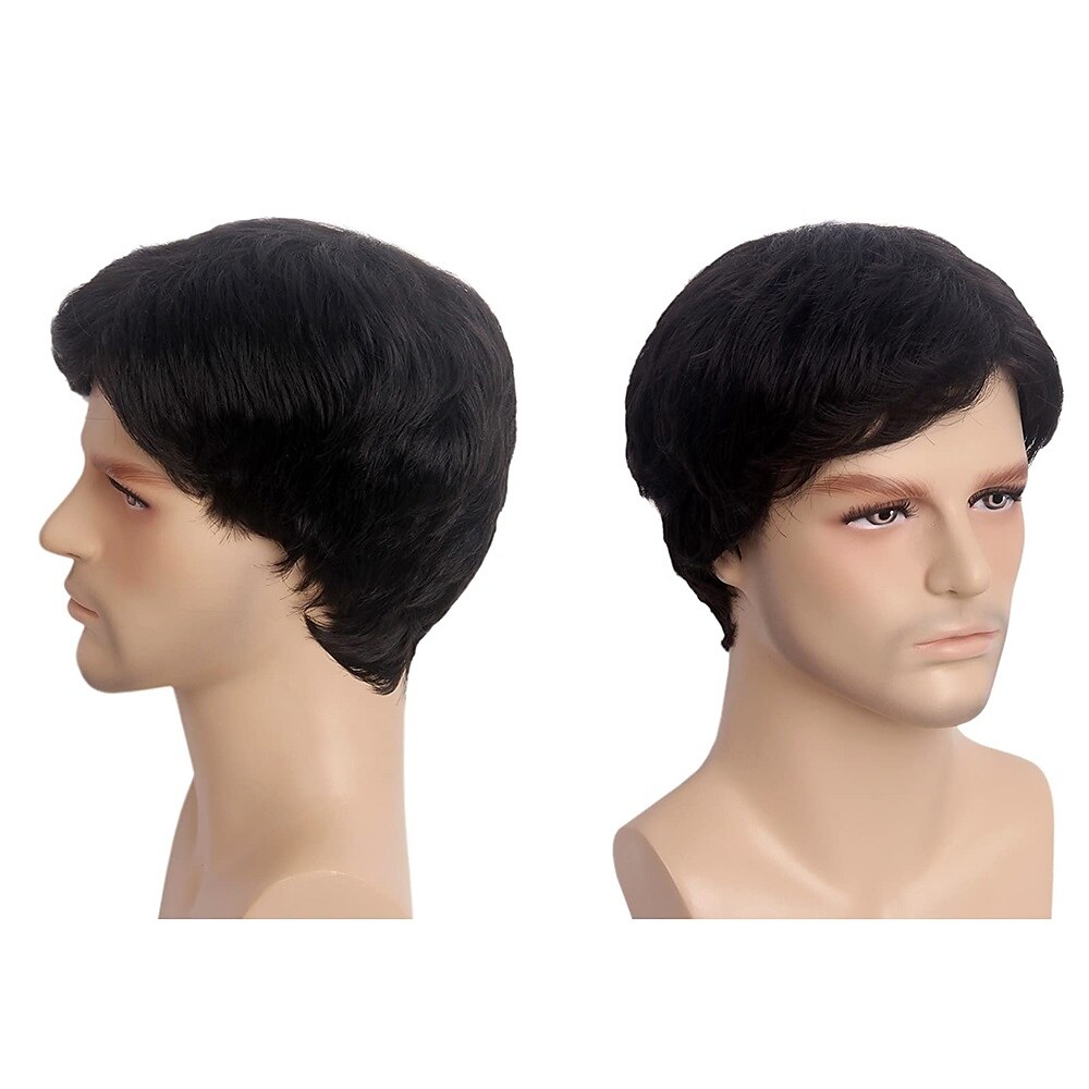 Peruca masculina curta, peruca preta com franja lateral, peruca em camadas com tampa, peruca de cabelo sintético redartant, peruca de cabelo natural para homens, fantasia de festa diária, roupa de de 2025 por $19.99 –P3