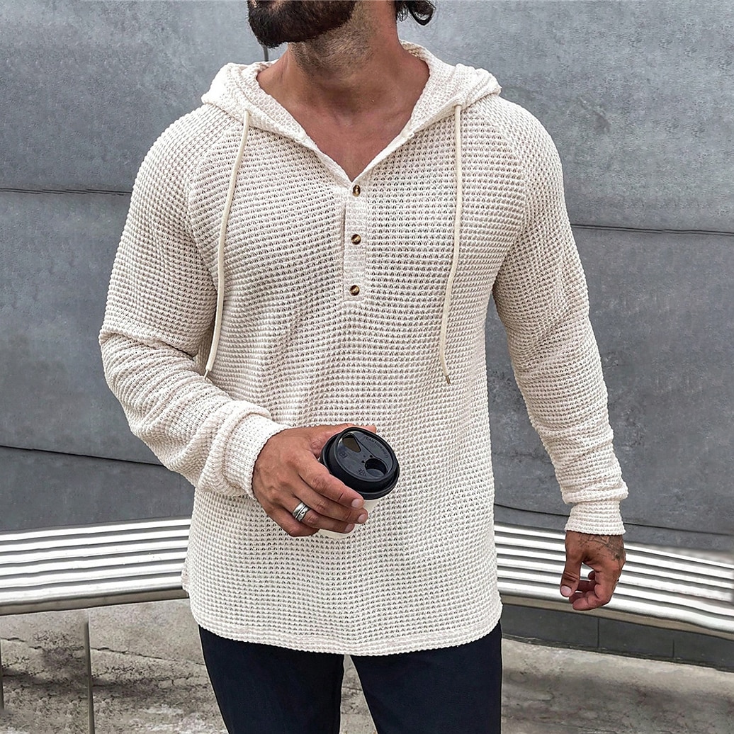 Herren Waffelhemd T Shirt Henley Hemd T-Shirt Langarm Mit Kapuze Frühling & Herbst Einfach Mode Designer Basic Gestrickt Urlaub Straße Ausgehen Grün Kaki Beige Top T-Shirt für Herren 2026 - $23.99 –P6