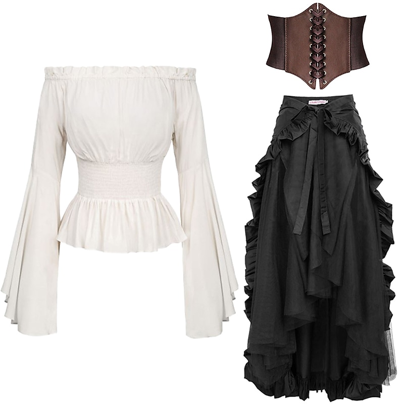 Sets with Off Shoulder Blouse Skirt Underbust Corset 3 PCS Women's Gothic Medieval Steampunk Renaissance Retro Vintage Pirate Viking Outfits Casual Daily LARP Costumes 2025 - $61.99 –P2