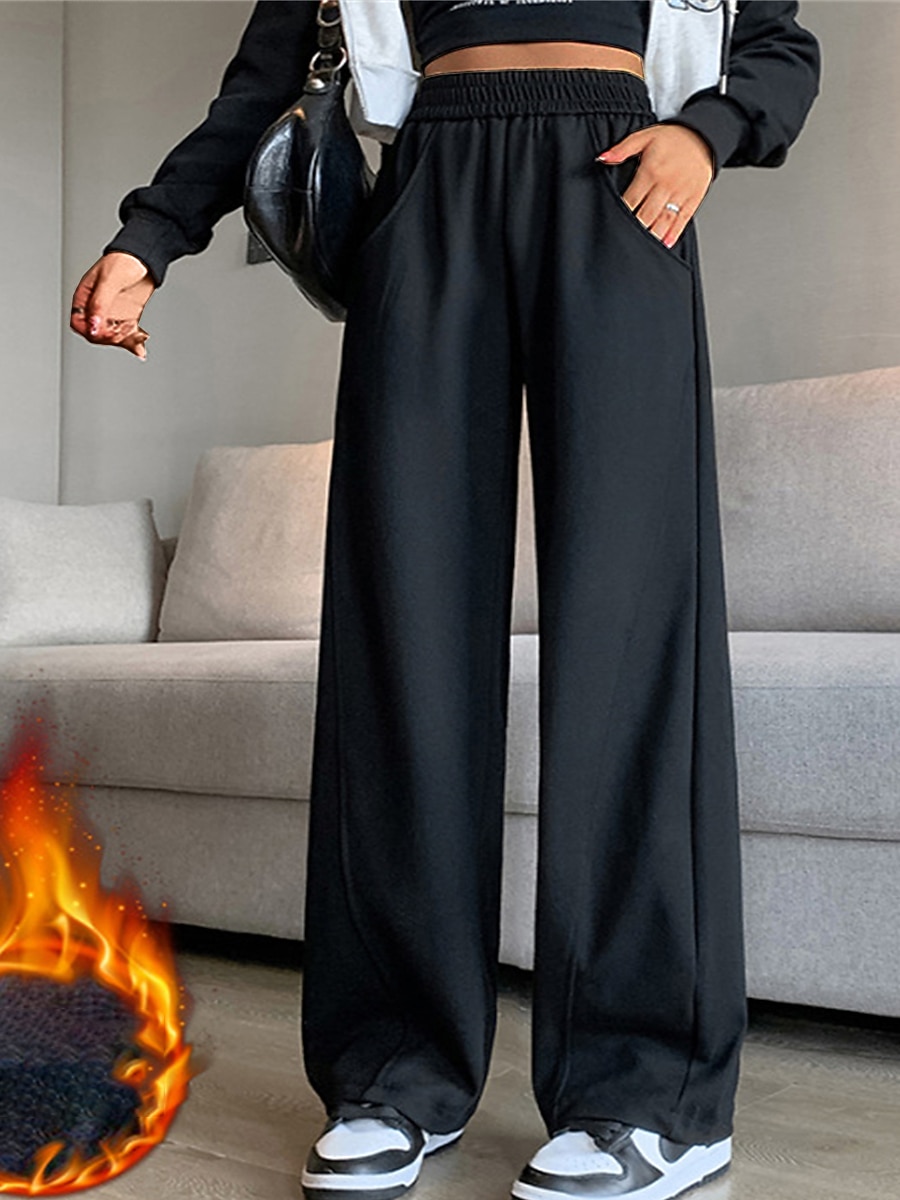 Dam Joggingbyxor Brett skaft Aktiv Mode Streetwear Fullängd Hög midja Slät Ficka Elastisk midja Högt snitt Håller värmen Komfort Mjuk Microelastisk Utomhus Semester Gata Aprikos Grå Svart Höst Vinter 2025 - $20.99 –P1