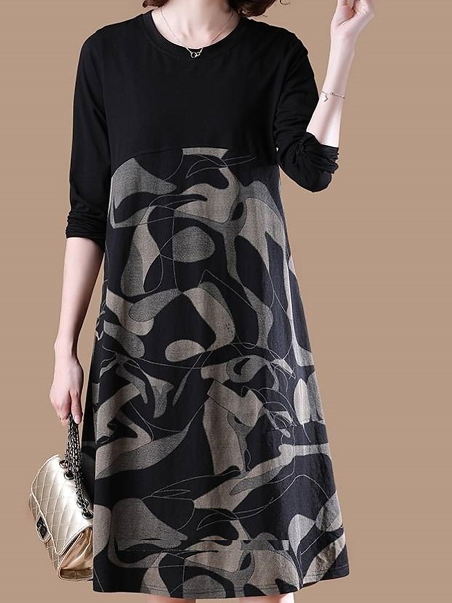 Women's Casual Dress Winter Dress Floral Color Block Patchwork Print Crew Neck Midi Dress Daily Vacation Long Sleeve Fall Winter 2025 - $22.99 –P3