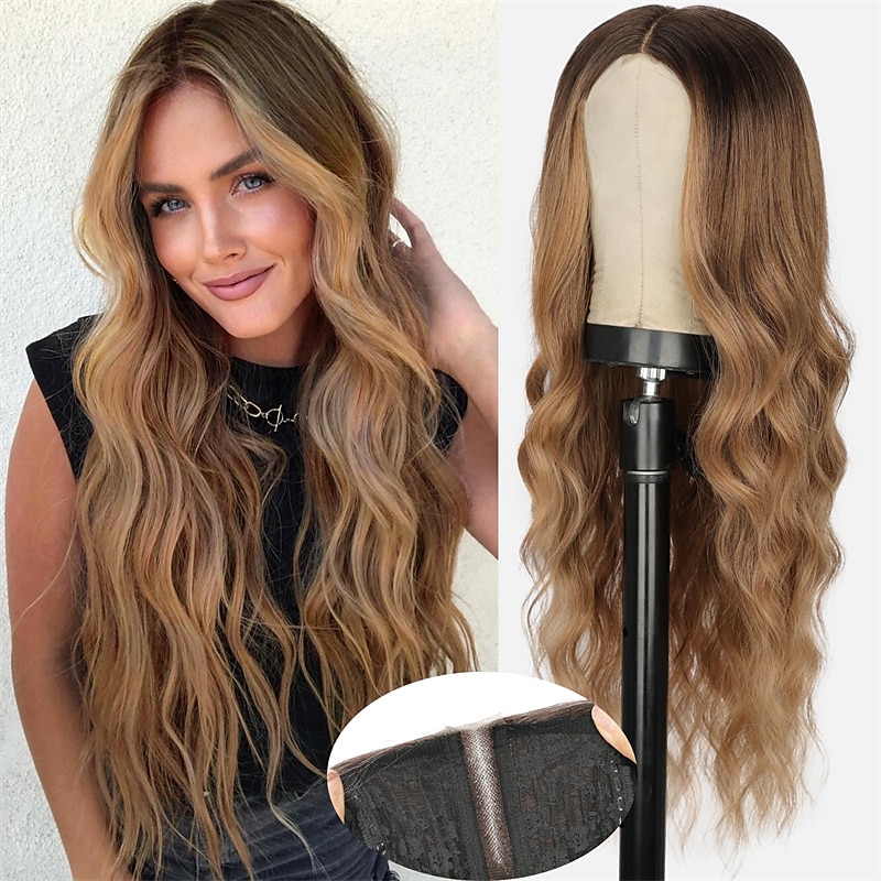 Parrucca bionda per donna parrucca bionda lunga ondulata in pizzo, parrucca bionda sintetica con parte centrale, parrucche bionde ombre per la festa quotidiana del 2025 a $23.99 –P3