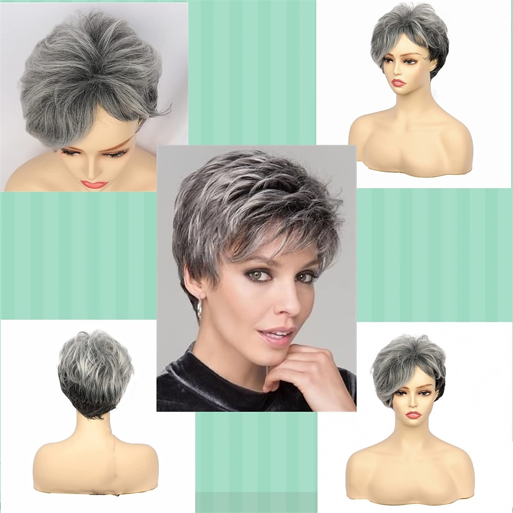 perucas curtas encaracoladas com corte pixie com parte lateral franja perucas gradientes cinza para mulheres brancas ombre peruca de cabelo preto a cinza textura bagunçada em camadas peruca de corte de 2025 por $19.99 –P3