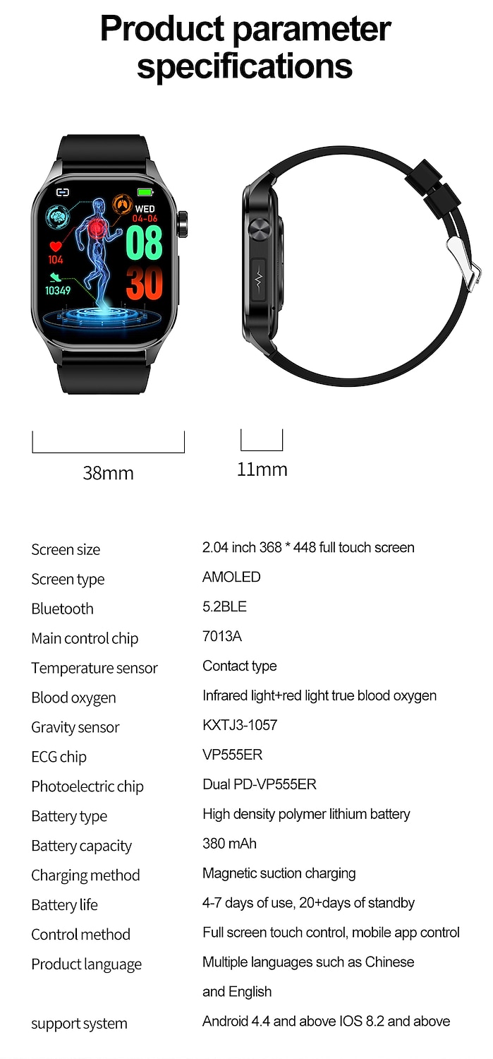 iMosi et580 Smart Watch 2.04 inch Smartwatch Fitness Running Watch Bluetooth ECG+PPG Pedometer Call Reminder Compatible with Android iOS Women Men Long Standby Waterproof Media Control IP68 38mm 2025 - $76.99 –P20