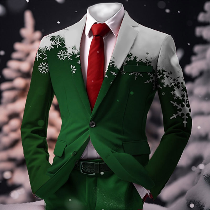 2025年 クリスマス メンズ クリスマス シーン プリント ブレザー スノーフレーク ビジネス コート ブレザー 暖かい 通気性 快適 仕事着 外出 ボタン プリント マルチポケット レギュラーフィット 秋&amp;冬のターンダウンロング  コレクション – $64.99 –P2