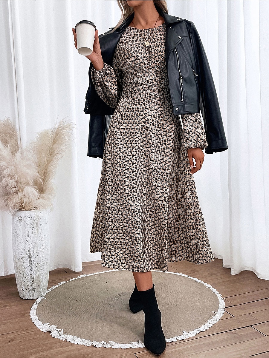 Women's Work Dress Sheath Dress Semi Formal Dress Elegant Winter Dress  Office Daily Midi Dress Print Ruched Crew Neck Long Sleeve Plaid Regular  Fit Khaki Spring Fall S M L XL 2024 - $31.99