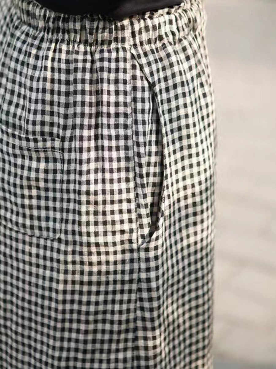 Women's Wide Leg Pants Trousers Linen Cotton Blend Plaid High Waist Full Length Black Fall 2025 - $18.99 –P8