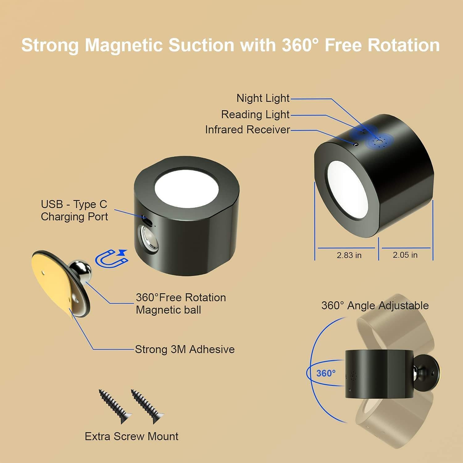LED Wall Lights 2 Pcs with Remote, Sensor Puck Lamp 3000mAh Rechargeable Battery Operated, Tri-Color Dimmable Magnetic 360° Rotation Cordless Light for Bedroom Bedside 2025 - $50.99 –P1