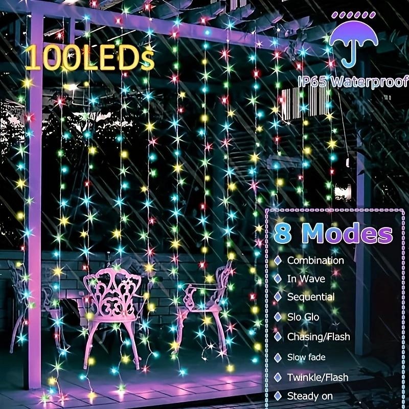 Outdoor Solar Curtain String Light, 3 * 3M-300LED/3 * 2M-200LED/3 * 1M-100LED, 8 Lighting Modes, IP65 Waterproof, Suitable for Home Garden, Porch, Backyard Wedding Parties, Thanksgiving 2026 - $12.99 –P12