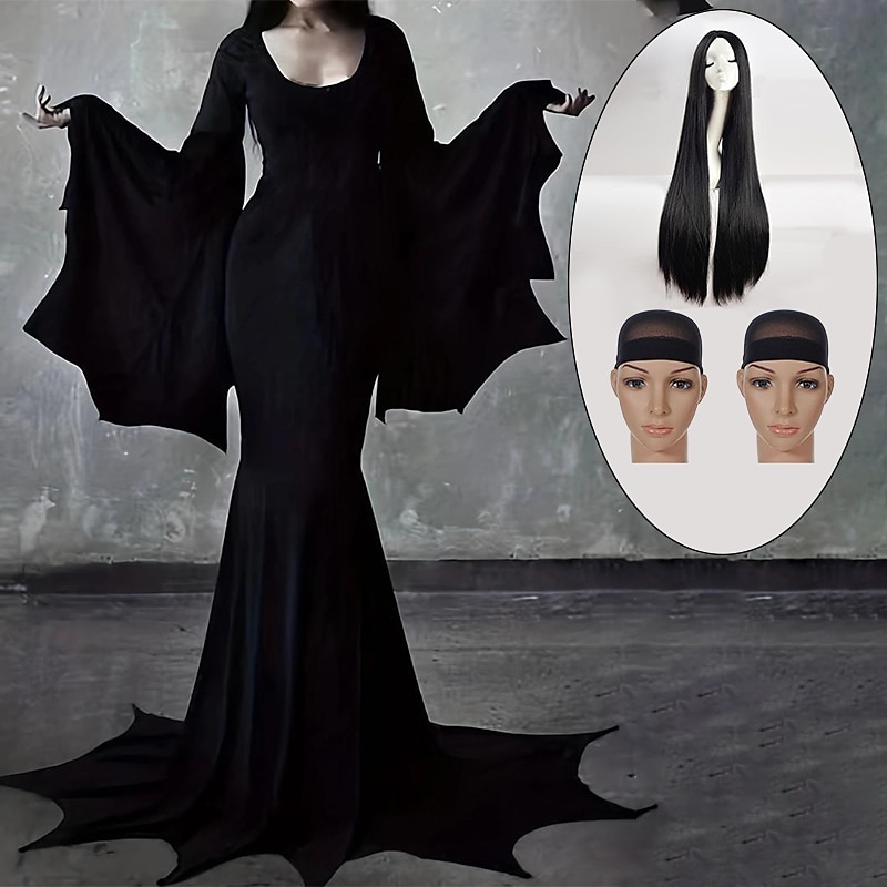 set con abito a sirena gotico parrucca lunga nera 2 * cuffie per parrucca famiglia Addams strega morticia addams abito lungo nero punk da donna per adulti& costumi di halloween facili da del 2025 a $44.99 –P1