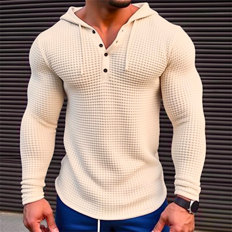 Herren T Shirt Waffel-Henley-Hemd T-Shirt Langarmshirt Langarm Mit Kapuze Frühling & Herbst Farbblock Mode Designer Basic Patchwork Urlaub Straße Ausgehen Weiß Khaki Armeegrün Top T-Shirt für Herren 2025 - $22.99 –P5