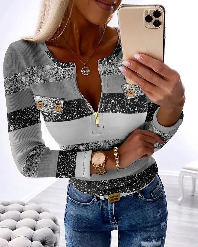 Women's T Shirt Color Block Fashion Long Sleeve Round Neck Half Zip Regular Tops Daily Weekend Print Quarter Zip Pink Blue Purple Green Gray Spring & Fall 2025 - $25.99 –P2
