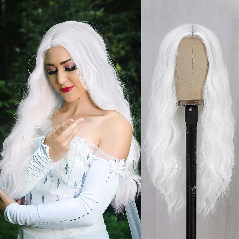 cheveux fantaisie longs perruques blanches pour femmes blanc longue perruque ondulée bouclée partie centrale perruque synthétique perruque blanche pour le cosplay quotidien d'Halloween 24 pouces de 2025 ? $27.99 –P1
