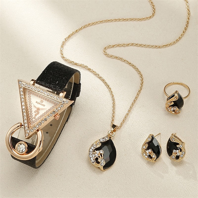 5pcs/set Women's Watch Luxury Triangle Pointer Quartz Watch Shiny Rhinestone Analog Wrist Watch & Jewelry Set, Gift For Mom Her 2025 - $24.99 –P3