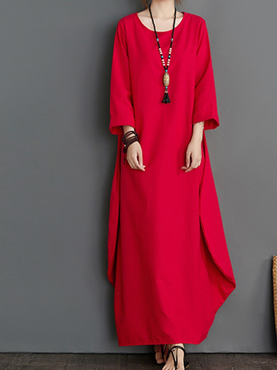 Damen Langes Kleid Maxikleid Leinen-inspirierte Kleider Weißes Kleid Freizeitkleid Winterkleid Streetwear Urlaub Straße Lässiger Schnitt Langarm Rundhalsausschnitt Schwarz Weiß Rote Blau Herbst Winter 2025 - $26.99 –P9