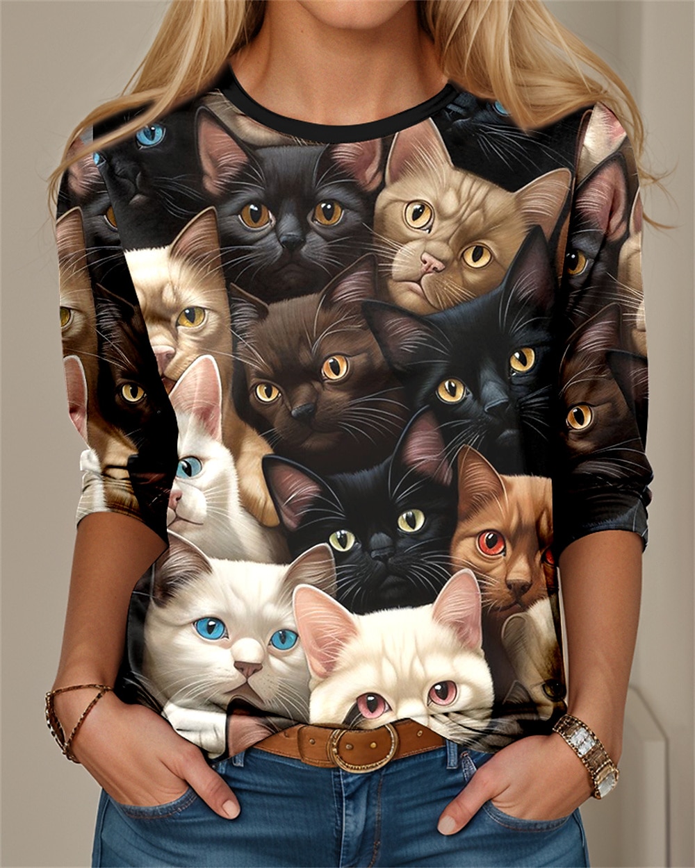 חולצת נשים עם צווארון עגול שרוול ארוך טוניק חתול 3D מצחיק צווארון עגול טופים רגולים הדפס יומי סוף שבוע שחור כחול אביב סתיו 2025 - $22.99 –P1