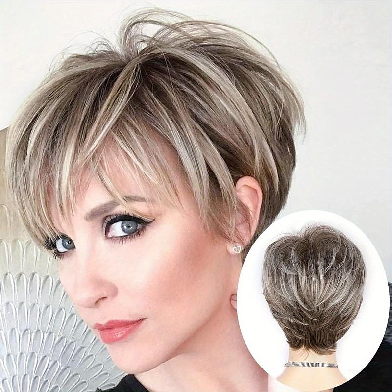 parrucche di capelli ricci naturali a strati corti biondi misti marroni con frangia parrucche piene di tessuto sintetico resistente al calore per le donne 6 pollici del 2025 a $19.99 –P4