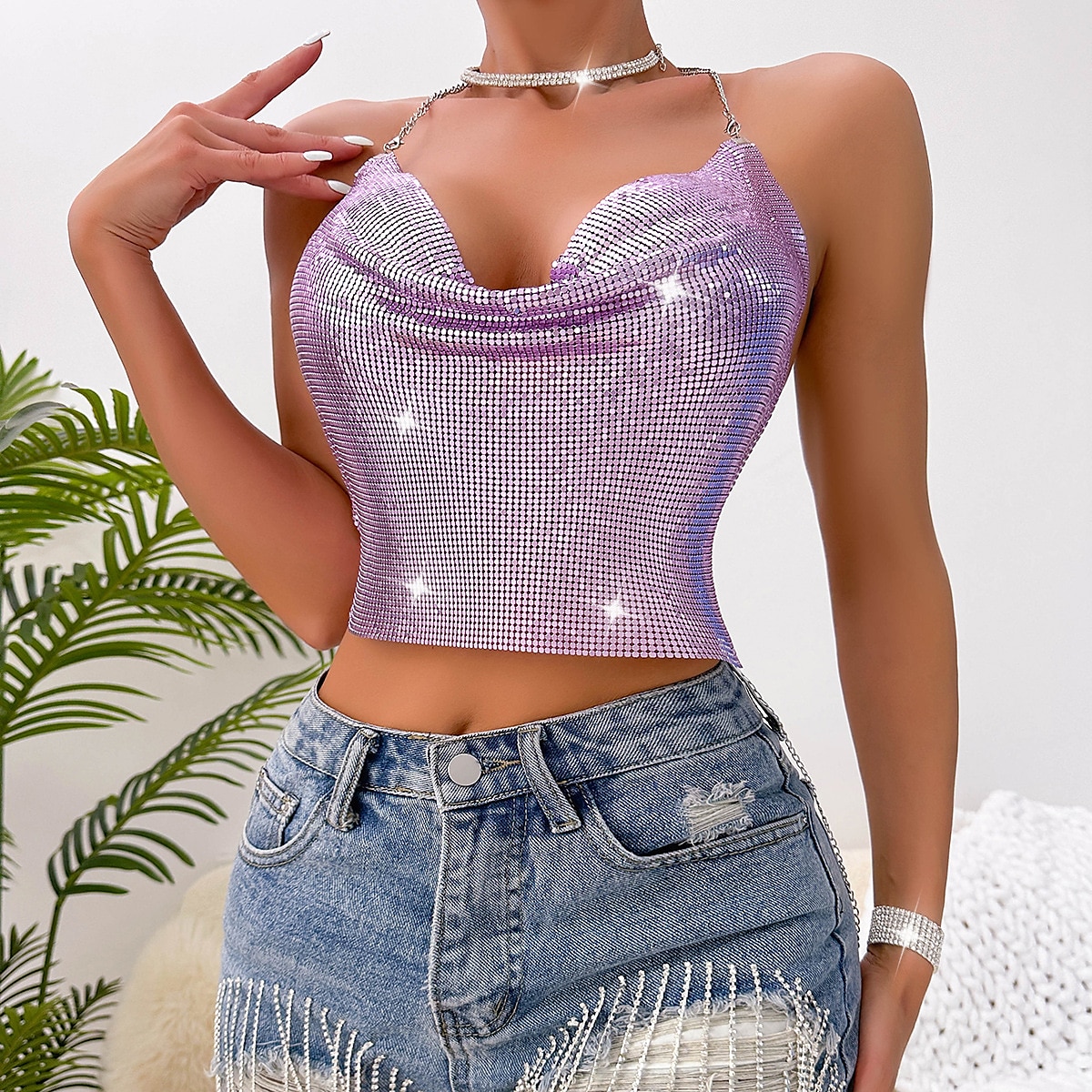 Fémes Hát nélküli Szikra Spagetti pántos trikó Testlánc Crop Tank Top Diszkó Jelmez Női Parti Klub Pride Parade Felnőttek Trikó 2025 - $23.99 –P26