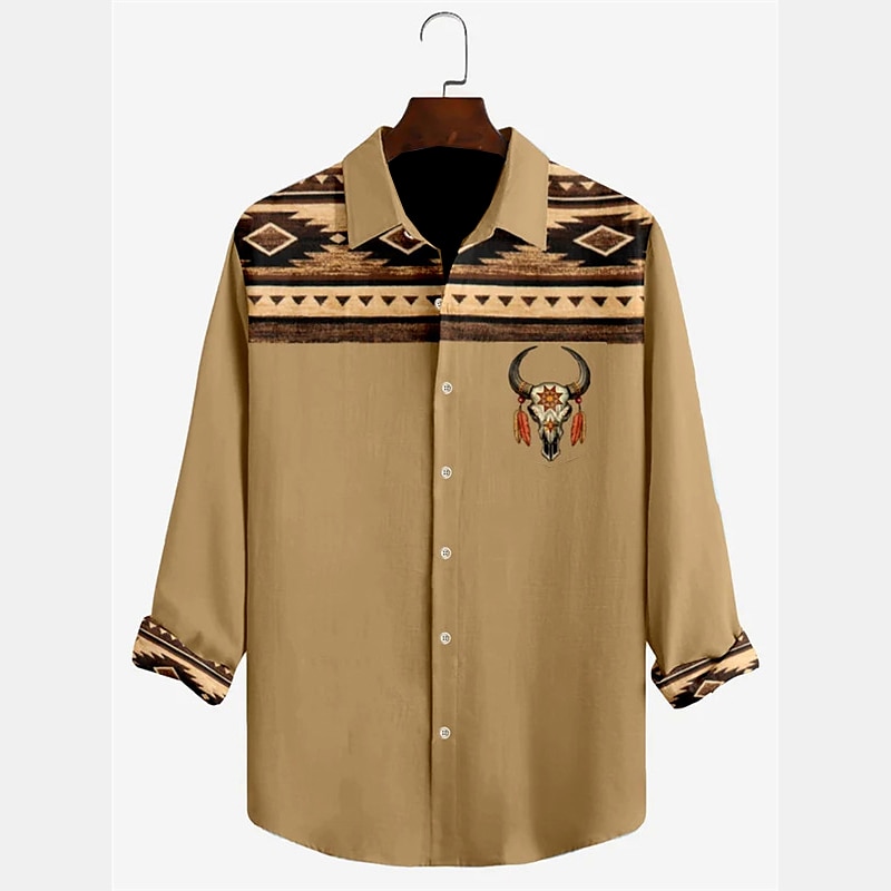 Herren Stammes Bandana-Druck Hemd Knopfhemd Langarm Vintage Stamm Freizeitskleidung Ausgehen Wochenende Herbst Winter Umlegekragen Bedruckt Button-Down Grün Khaki 2025 - $24.99 –P3