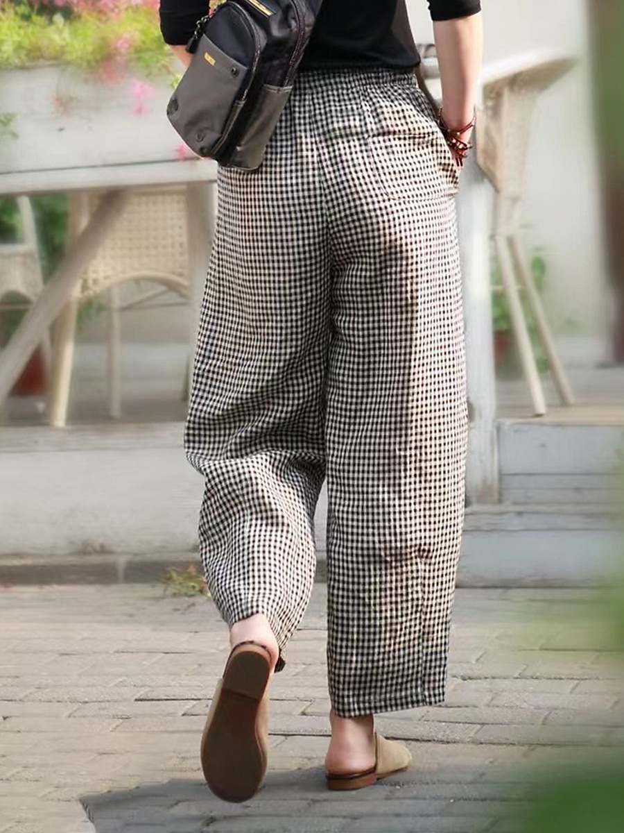 Women's Wide Leg Pants Trousers Linen Cotton Blend Plaid High Waist Full Length Black Fall 2025 - $18.99 –P13