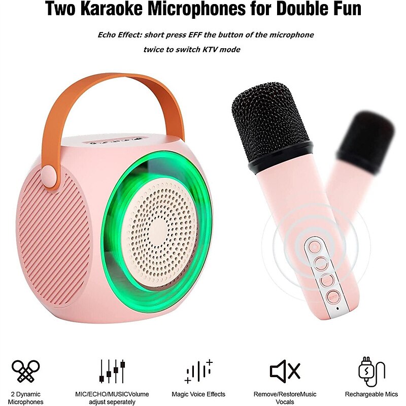 Mini-karaokemachine voor kinderen, draagbare Bluetooth-karaokeluidspreker met 2 willoze microfoons en led-verlichting voor verjaardagscadeaus voor thuisfeesten voor jongens/meisjes 2025 - $76.99 –P3