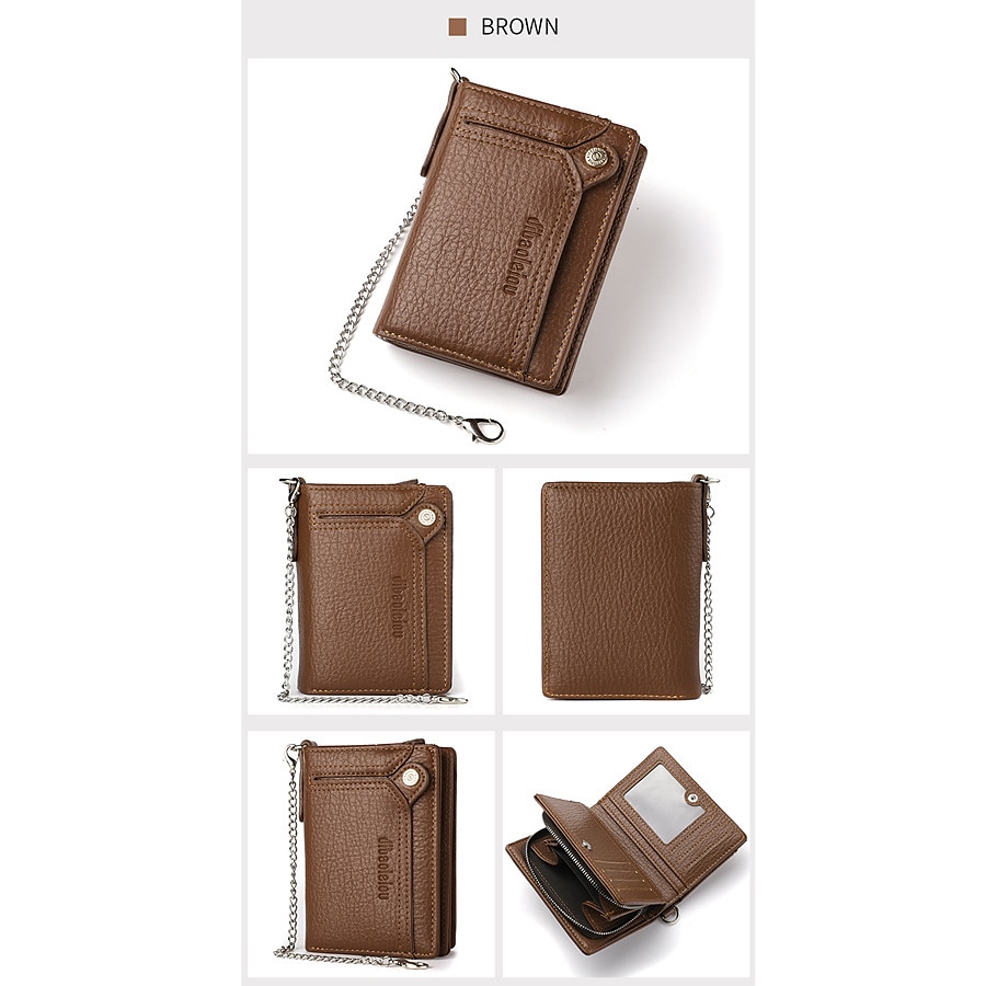 portafoglio da uomo in pelle combinazione porta carte d'identità in pelle pu con design a catena antifurto del 2025 a $18.99 –P1