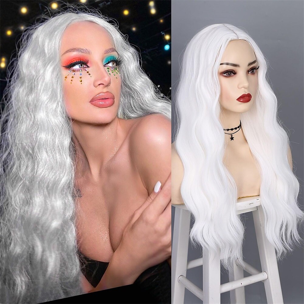 cheveux fantaisie longs perruques blanches pour femmes blanc longue perruque ondulée bouclée partie centrale perruque synthétique perruque blanche pour le cosplay quotidien d'Halloween 24 pouces de 2025 ? $27.99 –P2