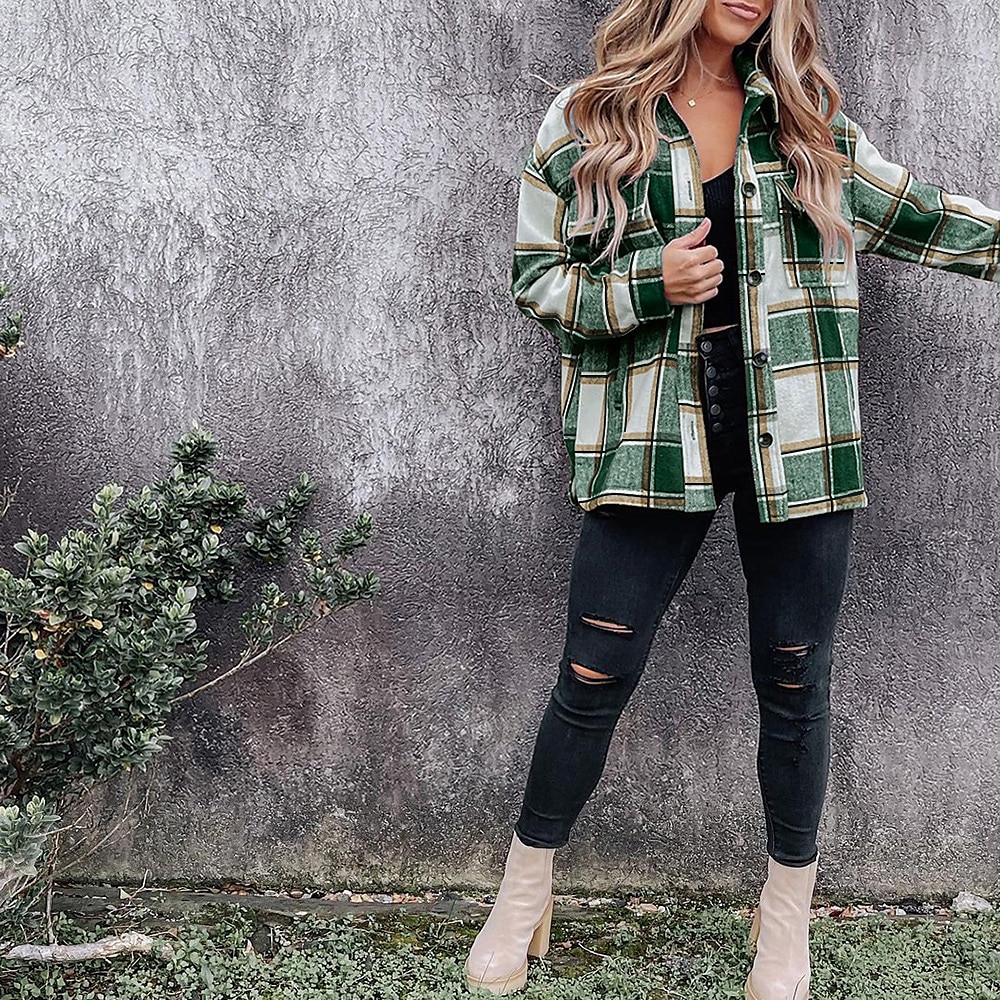 Women's Shirt Blouse Fashion Plaid Buttons Pocket Print Long Sleeve Regular Tops Shirt Collar Casual Black Red Green Khaki Spring &  Fall 2025 - $28.99 –P10