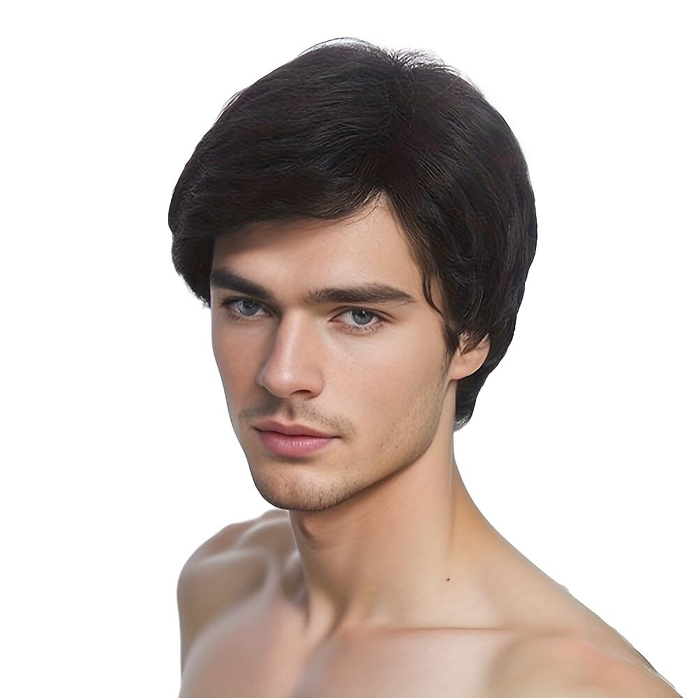 Peruca masculina curta, peruca preta com franja lateral, peruca em camadas com tampa, peruca de cabelo sintético redartant, peruca de cabelo natural para homens, fantasia de festa diária, roupa de de 2025 por $19.99 –P1