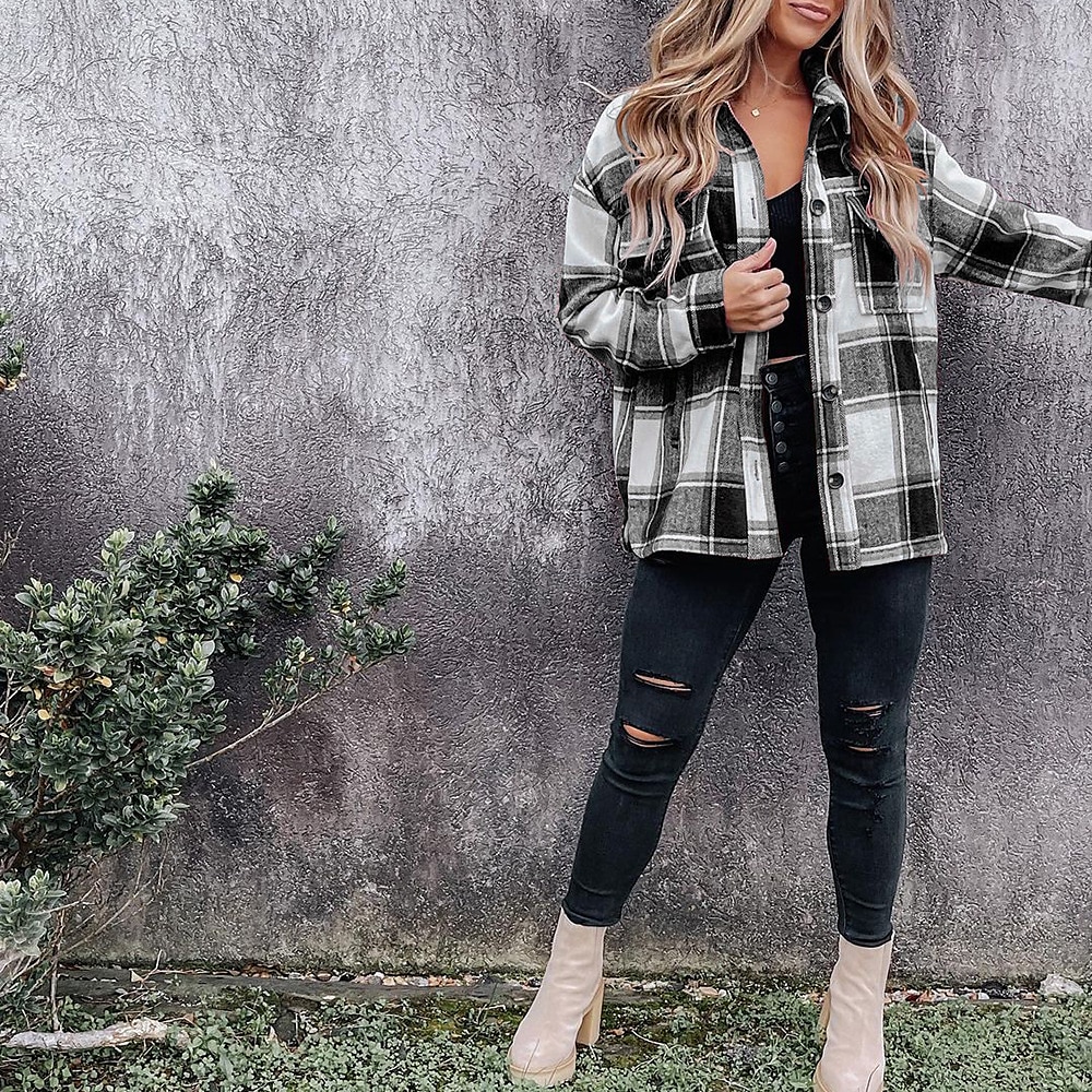 Women's Shirt Blouse Fashion Plaid Buttons Pocket Print Long Sleeve Regular Tops Shirt Collar Casual Black Red Green Khaki Spring &  Fall 2025 - $28.99 –P8