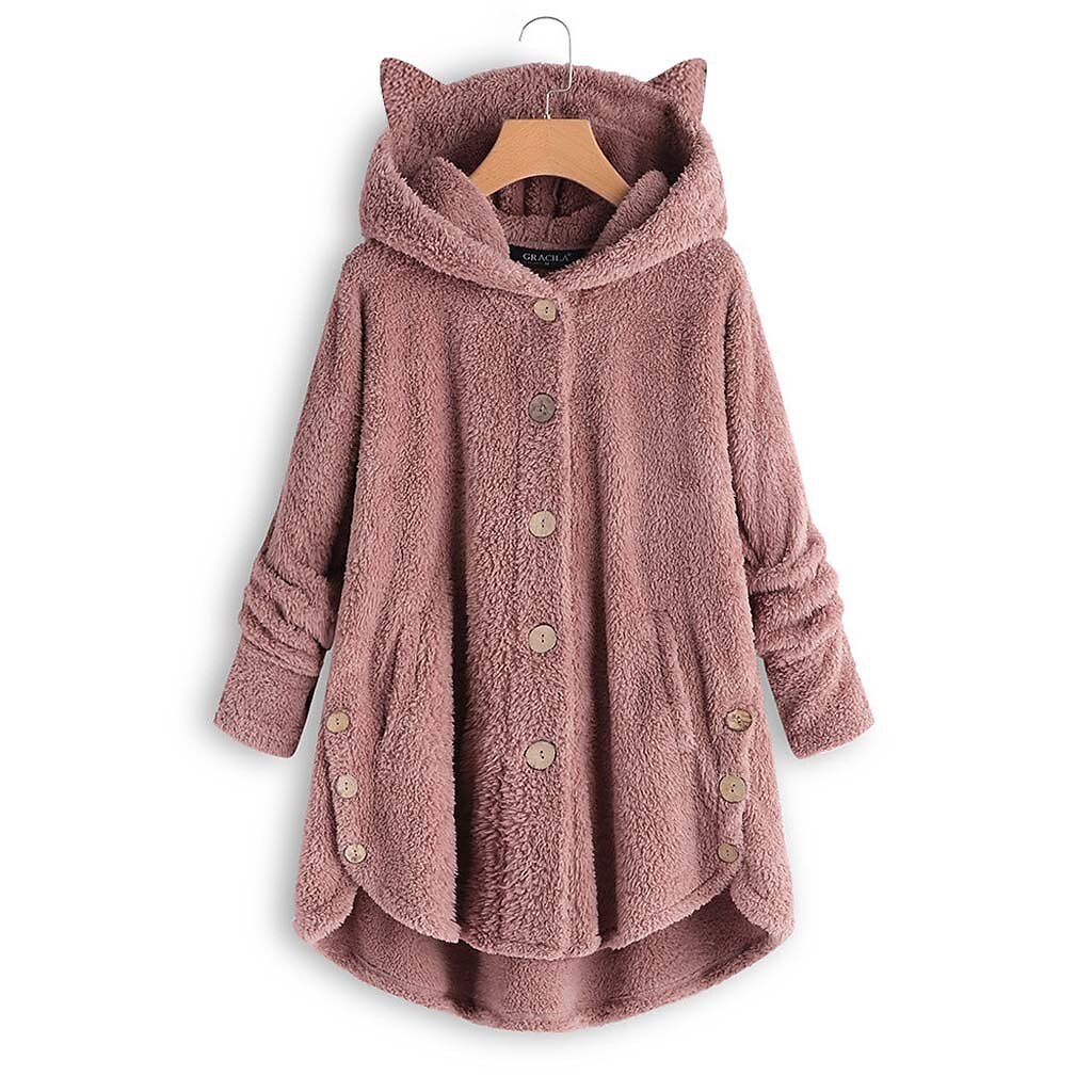 Damen Übergroße Feste Farbe Warm Teddy Fuzzy Langarm Kapuzenpullover Lange Oberteile Strasse Casual Knopf Tasche Schwarz Gelb Rosa Wein Kaffee Herbst Winter 2025 - $19.99 –P1