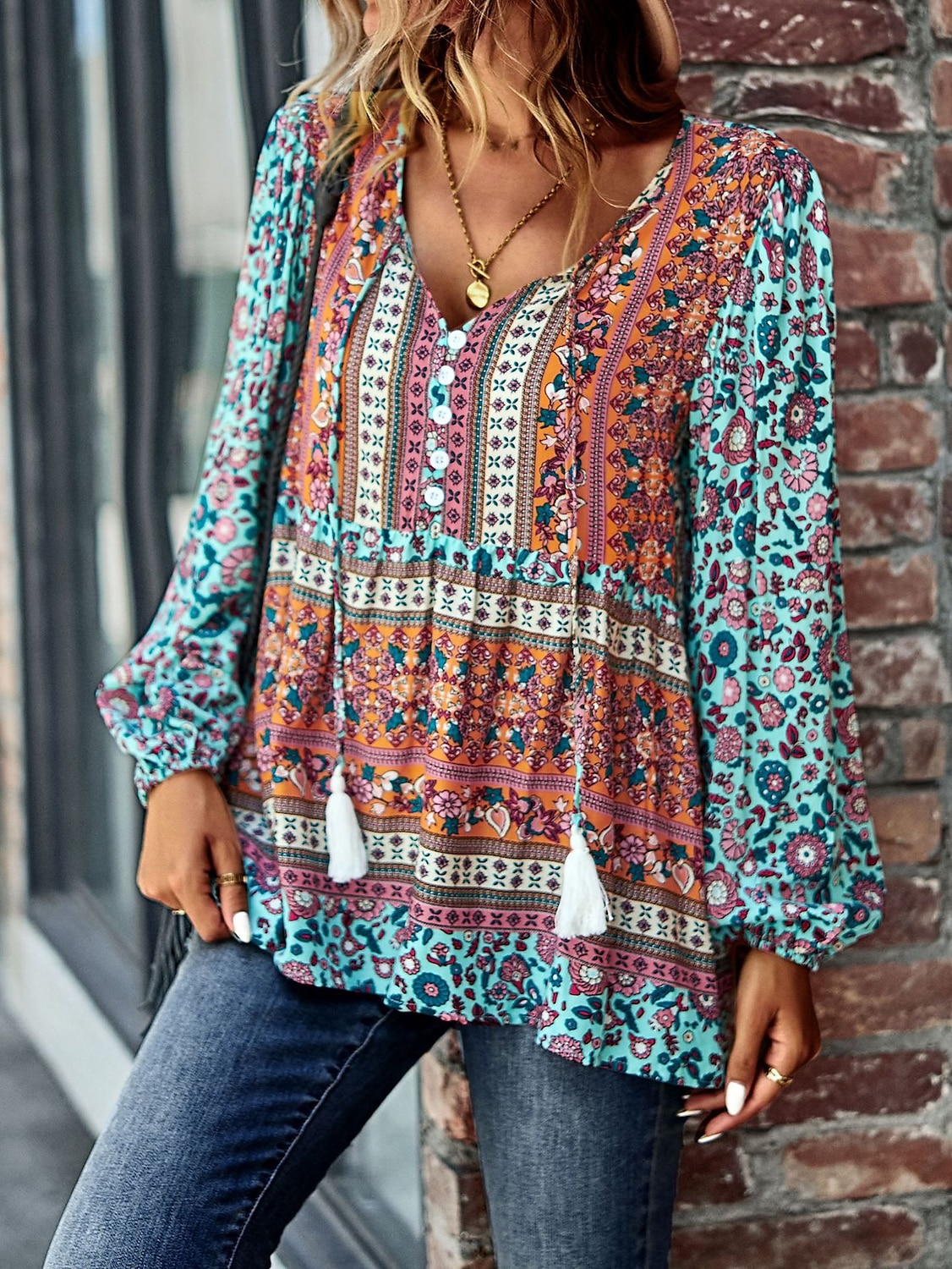 Dame Skjorte Boho skjorte Blondeskjorte Bluse Blomstret Mote Langermet V-hals Vanlige topper Avslappet Ferie Blondér Trykt mønster Rød Navyblå Blå Lilla Grønn Vår & Vinter 2025 - $31.99 –P10