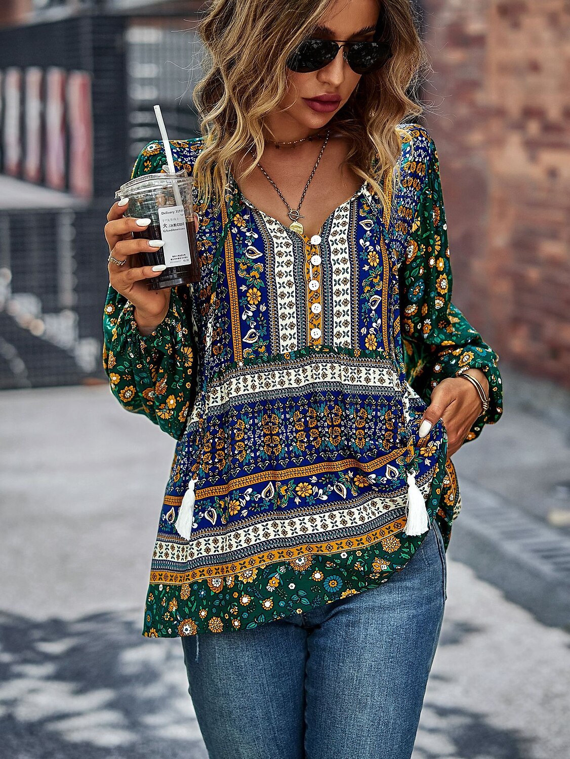 Dame Skjorte Boho skjorte Blondeskjorte Bluse Blomstret Mote Langermet V-hals Vanlige topper Avslappet Ferie Blondér Trykt mønster Rød Navyblå Blå Lilla Grønn Vår & Vinter 2025 - $31.99 –P19