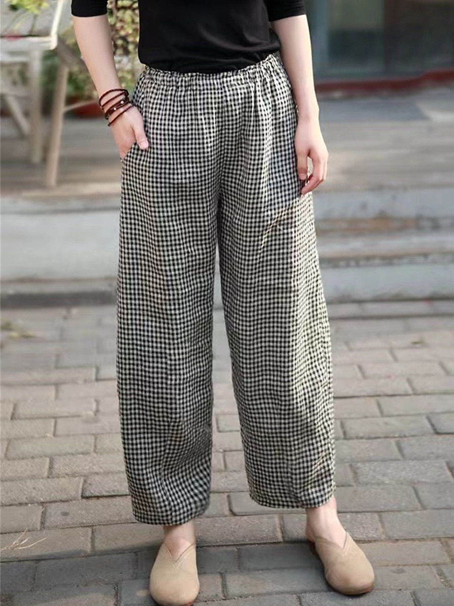 Women's Wide Leg Pants Trousers Linen Cotton Blend Plaid High Waist Full Length Black Fall 2025 - $18.99 –P14