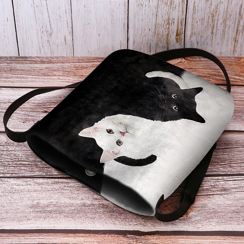 Umhängetasche mit Yin-Yang-Katzen-Design – künstlerische Schultertasche mit schwarz-weißem Katzen-Print für Damen, perfekt für den Freizeit- und Alltagsgebrauch 2025 - $19.99 –P7