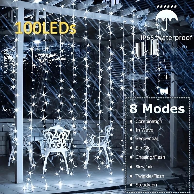 Outdoor Solar Curtain String Light, 3 * 3M-300LED/3 * 2M-200LED/3 * 1M-100LED, 8 Lighting Modes, IP65 Waterproof, Suitable for Home Garden, Porch, Backyard Wedding Parties, Thanksgiving 2026 - $12.99 –P10