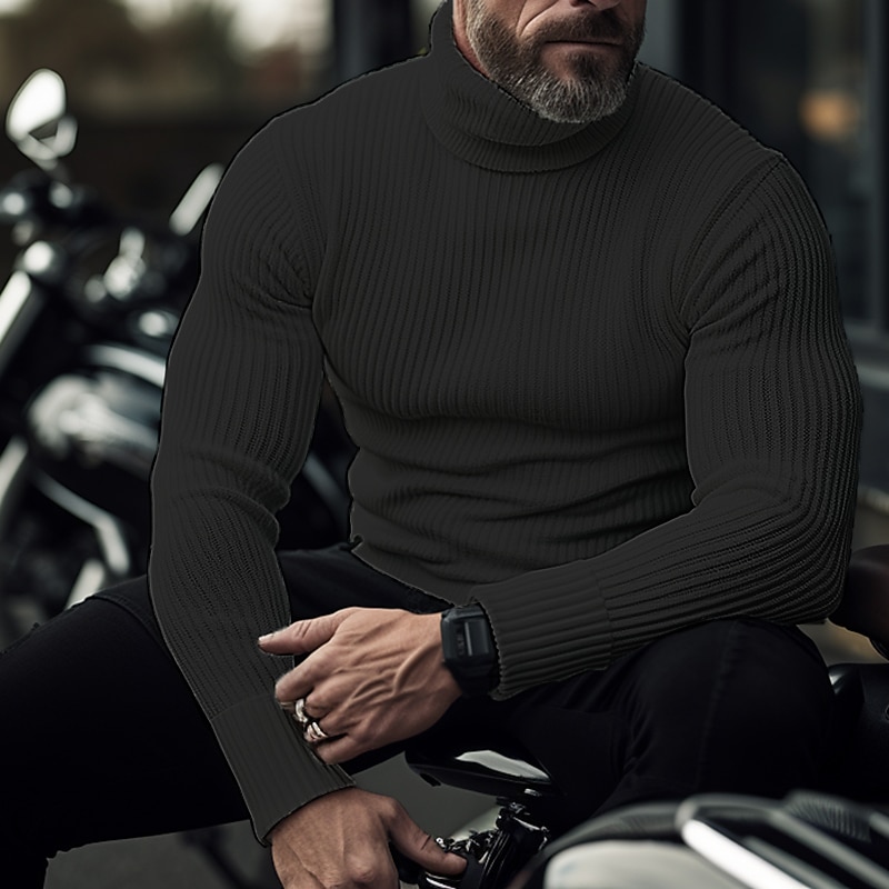 Men's Turtleneck Sweater Pullover Sweater Jumper Knit Sweater Ribbed Knit Regular Tops Pitted Plain Roll Neck Keep Warm Modern Contemporary Casual Daily Wear Clothing Apparel Fall Winter Black White 2025 - $24.99 –P3