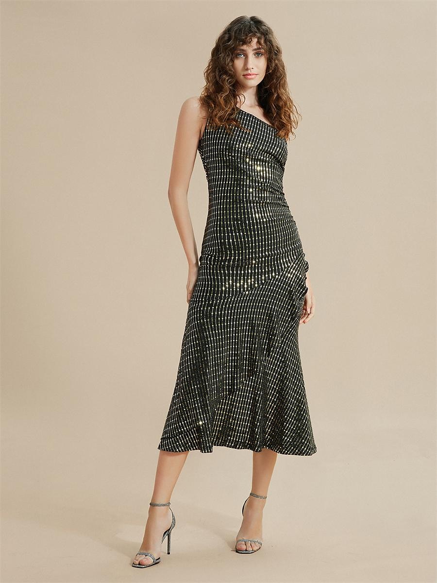 One-Shoulder-Midikleid mit Pailletten, Streifen und Rüschen 2025 - $54.99 –P2