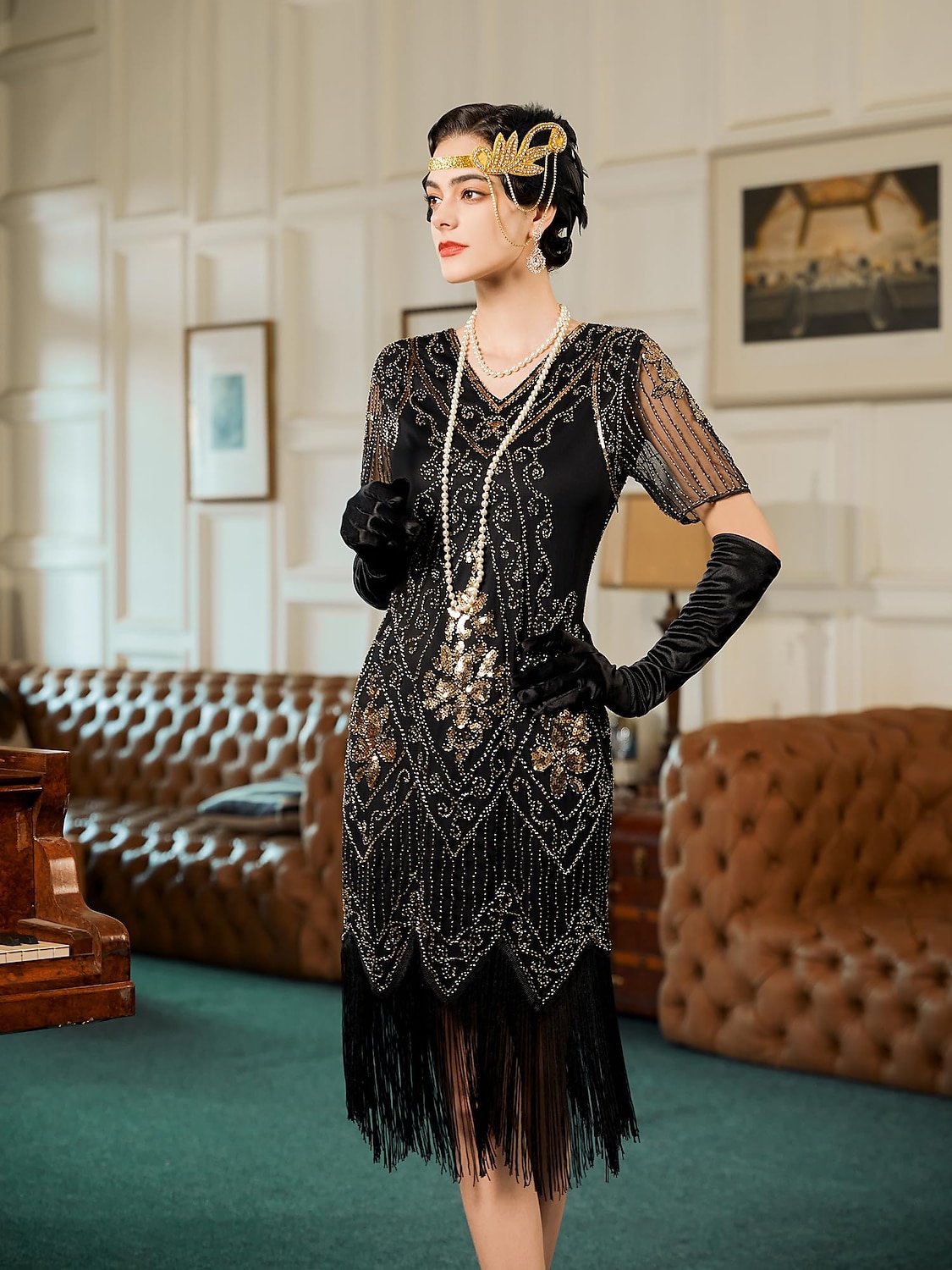 Retro Vintage Roaring 20s 1920s Flapper Dress Outfits Accessories Set The Great Gatsby Wedding Guest Sequins Tassel Fringe Sequin Tassel V Neck Women's Halloween Carnival Masquerade Carnival Party 2025 - $57.99 –P7