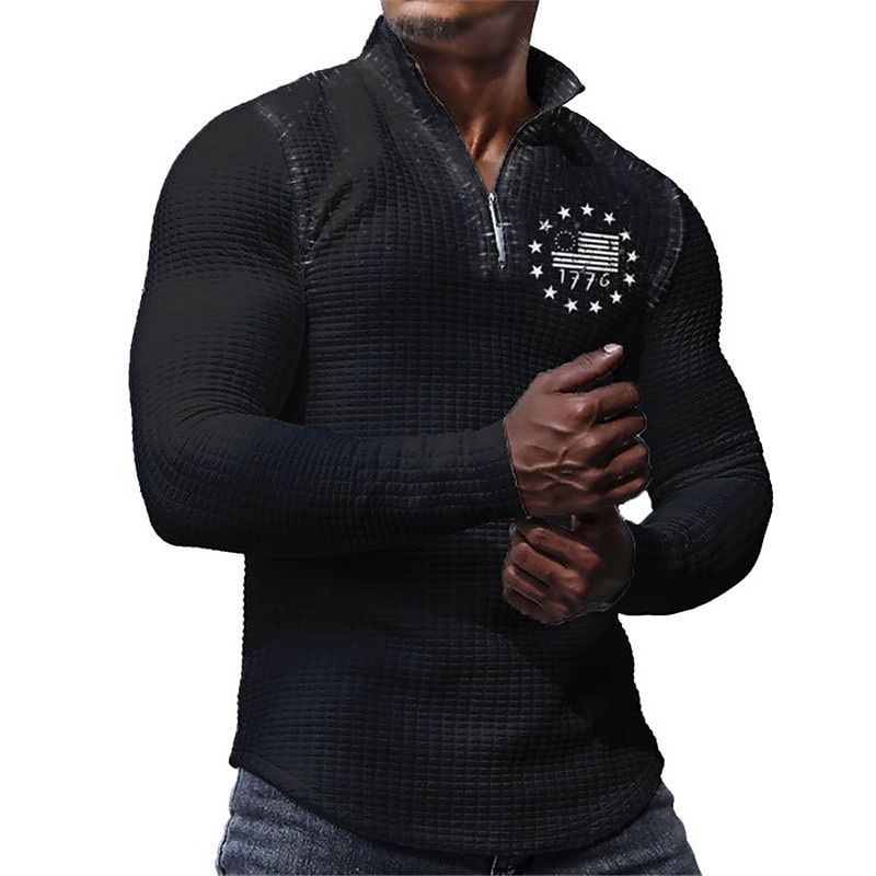 Herr Veteraner Patriotisk Våffelpikétröjor Golf pikétröjor Långärmad Polotröjor Nedvikt Blixtlås Affär Utomhus Ledigt / vardag Streetwear 3D Mönster Höst vinter Svart Vit Kaki 2025 - $23.99 –P3