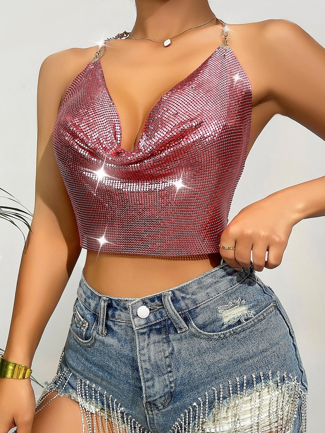 Fémes Hát nélküli Szikra Spagetti pántos trikó Testlánc Crop Tank Top Diszkó Jelmez Női Parti Klub Pride Parade Felnőttek Trikó 2025 - $23.99 –P19